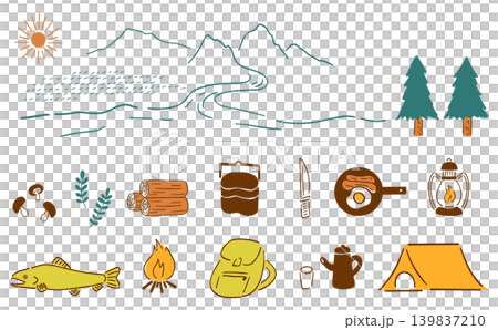 Enjoy the outdoors with this hand-drawn illustration set: Camping, gear, nature | Color 139837210