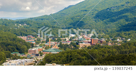 Historical American town Boone North Carolina Appalachian mountains. Old townscape architecture in Watauga County, USA. Streets and historic buildings from above Historical American town Boone North Carolina Appalachian mountains. Old townscape architecture in Watauga County, USA. Streets and historic buildings from above 139837245