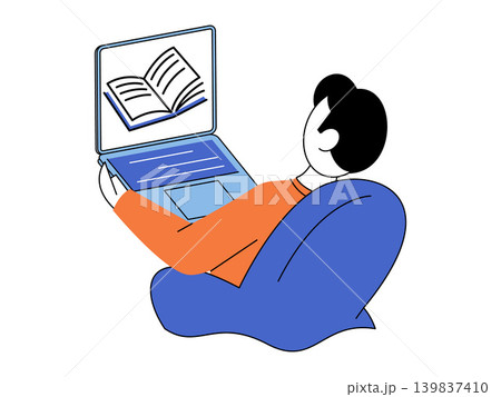 Man on beanbag chair using laptop for online reading vector illustration. E-learning, distance education, digital library, remote study, home office, student life. Person on seat with computer Man on beanbag chair using laptop for online reading vector illustration. E-learning, distance education, digital library, remote study, home office, student life. Person on seat with computer 139837410