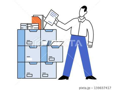 Man stands by a filing cabinet holding a paper vector illustration. Office management, data archiving, administrative tasks, document storage, workflow, organization. Employee managing records 139837417