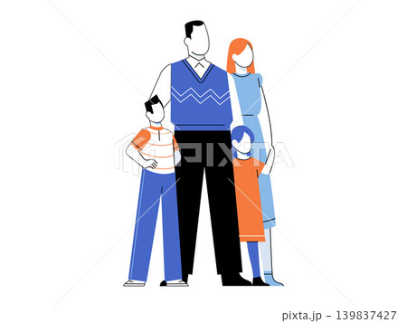 A family of four with parents and children standing together vector illustration. Family values, life insurance, parenting, unity, household, social support. Mother and father with kids A family of four with parents and children standing together vector illustration. Family values, life insurance, parenting, unity, household, social support. Mother and father with kids 139837427