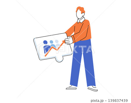 Businessman holding a puzzle piece with growth chart vector illustration. Business growth, team management, recruitment, career development, success, analysis. Professional presenting a jigsaw part Businessman holding a puzzle piece with growth chart vector illustration. Business growth, team management, recruitment, career development, success, analysis. Professional presenting a jigsaw part 139837439