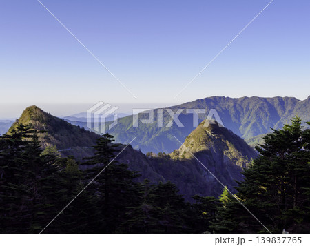 四国の高山風景：早朝の光が創り出す笹原と木々のコントラスト 139837765