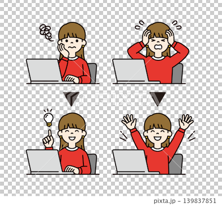 A set of vector illustrations of a young woman/college student's upper body resolving a problem and understanding an issue. A set of vector illustrations of a young woman/college student's upper body resolving a problem and understanding an issue. 139837851