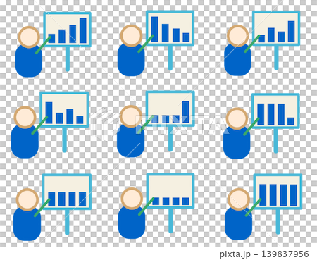 Icon set of a presenter pointing to a bar graph board Icon set of a presenter pointing to a bar graph board 139837956
