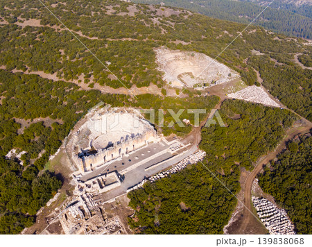 Kibyra ancient city antique amphi theater. Lycian and roman ancient town. Aerial view drone shooting. Turkey Kibyra ancient city antique amphi theater. Lycian and roman ancient town. Aerial view drone shooting. Turkey 139838068