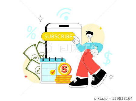 Subscription Based Living Vector Illustration Featuring Monthly Payment Service, Digital Membership, Online Subscription and Modern Lifestyle Design Subscription Based Living Vector Illustration Featuring Monthly Payment Service, Digital Membership, Online Subscription and Modern Lifestyle Design 139838164
