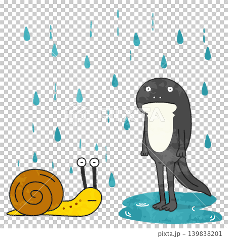 一幅描繪蝸牛和蝌蚪在雨中排成一排的插圖。 139838201