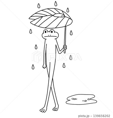 葉っぱを傘にして雨の中を歩くカエルのモノクロラインイラスト 139838202