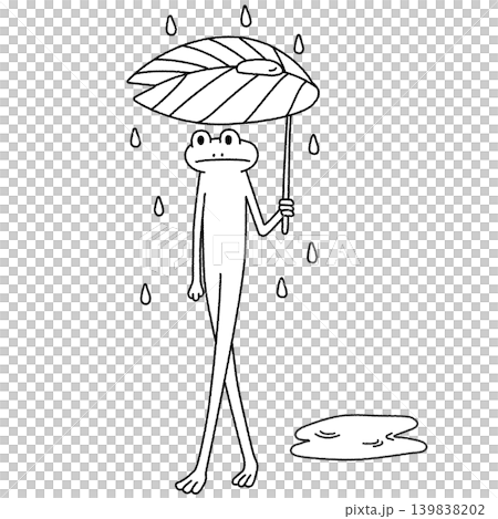 葉っぱを傘にして雨の中を歩くカエルのモノクロラインイラスト 139838202