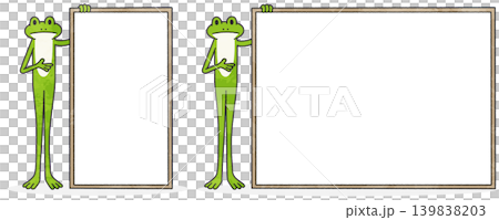 A green frog character illustration showing a sign, holding onto its edge. A green frog character illustration showing a sign, holding onto its edge. 139838203