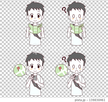 A set of 4 illustrations of a boy looking at a map. A set of 4 illustrations of a boy looking at a map. 139838461