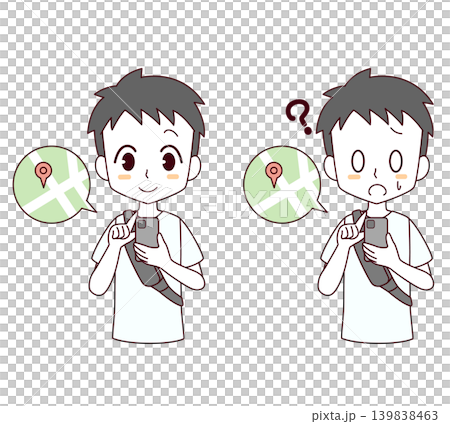 A set of two illustrations of a boy looking at a map on his smartphone. A set of two illustrations of a boy looking at a map on his smartphone. 139838463