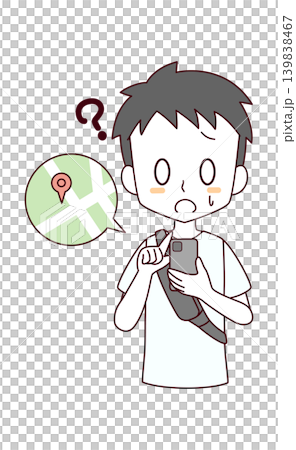 一幅插圖,描繪了一個迷路的男孩正在用智慧型手機查看地圖。 一幅插圖,描繪了一個迷路的男孩正在用智慧型手機查看地圖。 139838467