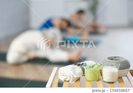 Interior items on background of yoga studio Interior items on background of yoga studio 139838687