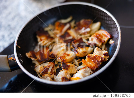 Roast pork with onion in pan Roast pork with onion in pan 139838766
