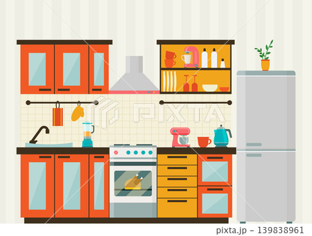 Modern Kitchen Interior with Appliances and Cabinets stock illustration. Modern Kitchen Interior with Appliances and Cabinets stock illustration. 139838961