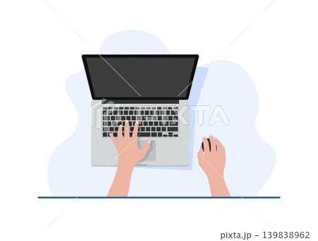 Top view of hands using laptop and mouse on desk stock illustration. 139838962
