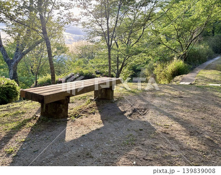 初夏の木製ベンチと木漏れ日の遊歩道 休憩・リラックスイメージ 139839008