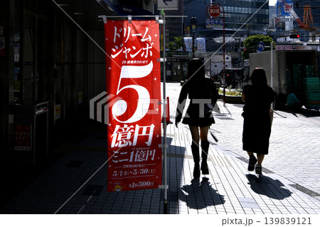 日本の東京都市景観夢の扉は…風に揺れるドリームジャンボ5億円の幟。奥は渋谷駅方向…＝渋谷 139839121