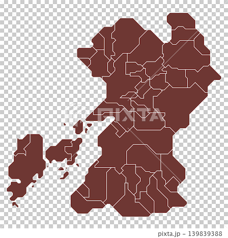 A simple, minimalist brown map illustration showing the boundaries of municipalities in Kumamoto Prefecture. 139839388