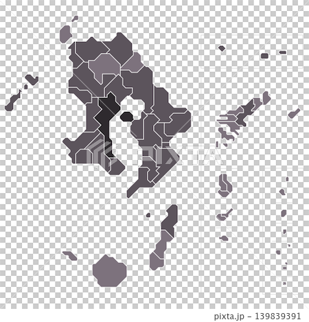 A gray-based infographic map depicting the municipal boundaries of Kagoshima Prefecture. A gray-based infographic map depicting the municipal boundaries of Kagoshima Prefecture. 139839391