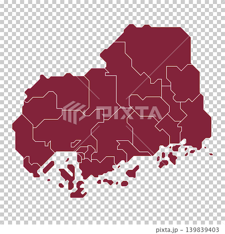 一張資訊圖風格的地圖，用白線標示了廣島縣各市町村的邊界。 139839403