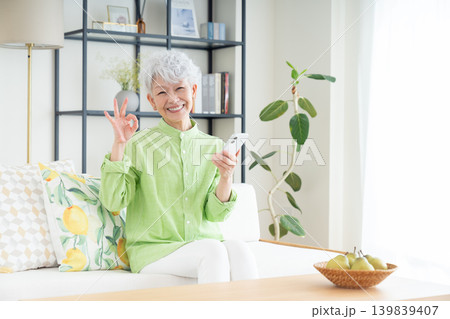 リビングでスマホを見るシニアの女性 リビングでスマホを見るシニアの女性 139839407