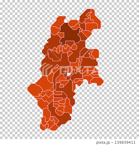 長野県の市区町村境界を示すオレンジ色のグラデーションマップ 139839411