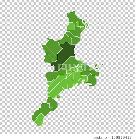 A green gradient map infographic visualizing the municipal divisions of Mie Prefecture. 139839415