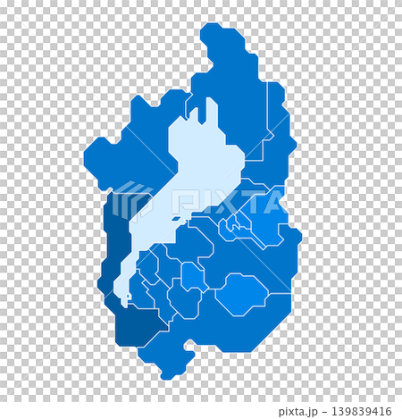 A blue map illustration depicting the boundaries between Lake Biwa and the municipalities of Shiga Prefecture. 139839416
