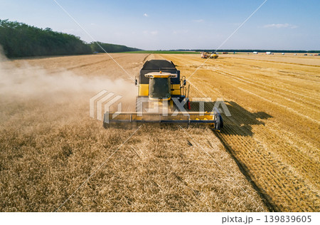Aerial view captures a large yellow combine harvester actively cuts ripe golden grain in a vast agricultural field on a clear sunny summer day 139839605