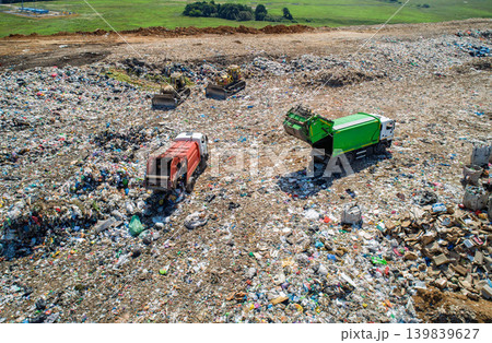 Large landfill site with bright green and red dump trucks unloading trash. Yellow bulldozers spread the waste across the vast area under a clear sky during daytime operations. Large landfill site with bright green and red dump trucks unloading trash. Yellow bulldozers spread the waste across the vast area under a clear sky during daytime operations. 139839627