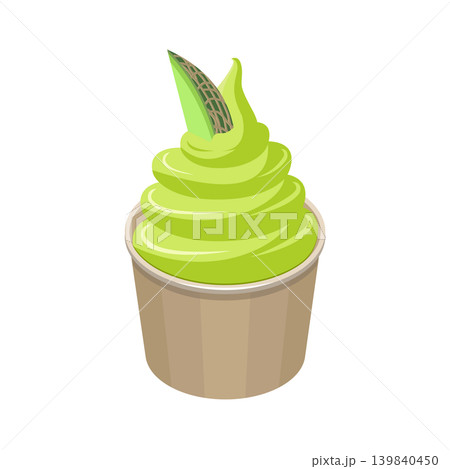 メロン味のカップソフトクリームとカットメロンのシンプルなイラスト 139840450
