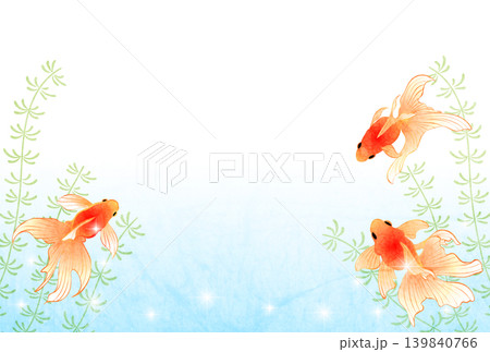 暑中見舞いはがき、イラスト、金魚と水草、かわいい、和風、水彩、横 暑中見舞いはがき、イラスト、金魚と水草、かわいい、和風、水彩、横 139840766