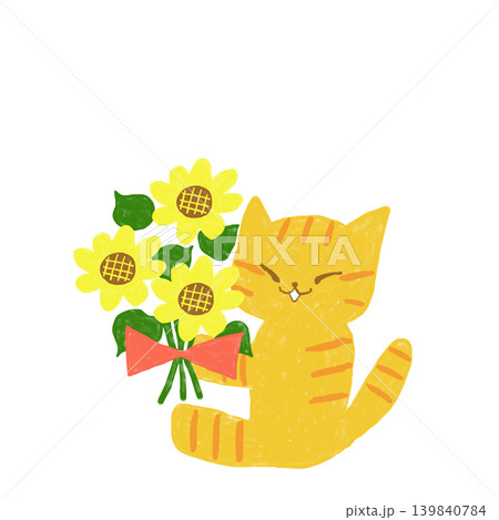 ひまわりの花束を笑顔で持つ茶トラ猫　夏の贈り物イラスト 139840784