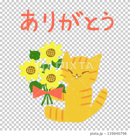 A tabby cat smiling and holding a bouquet of sunflowers - A summer thank you illustration A tabby cat smiling and holding a bouquet of sunflowers - A summer thank you illustration 139840796