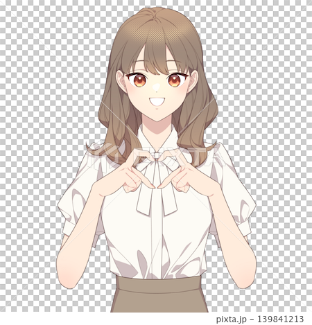 一幅插圖，描繪了一位女士用手指比劃出心形。 139841213