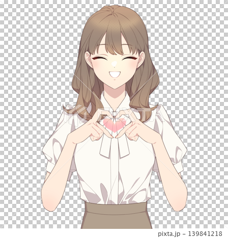 一幅女性用手指比畫出心形（有心形符號）的插圖。 139841218