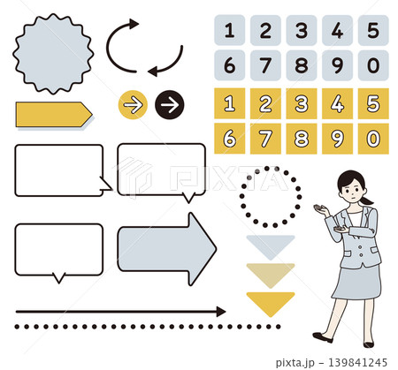 ビジネス資料用素材セット 案内するビジネスウーマンのイラストと数字・フキダシ・矢印セット ビジネス資料用素材セット 案内するビジネスウーマンのイラストと数字・フキダシ・矢印セット 139841245