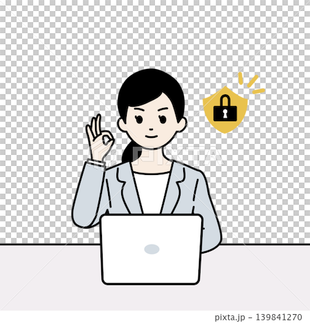 安全措施:一位女商人面帶微笑,在電腦前比出「OK」手勢,旁邊有一把掛鎖。 安全措施:一位女商人面帶微笑,在電腦前比出「OK」手勢,旁邊有一把掛鎖。 139841270