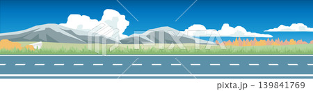 Horizontal or landscape of smooth asphalt road. On the wide grassland and hills. Forest in spring far away. Softe color of mountain and blue sky with white clouds. Horizontal or landscape of smooth asphalt road. On the wide grassland and hills. Forest in spring far away. Softe color of mountain and blue sky with white clouds. 139841769