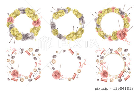 Buttons, yarn ball with knitting needles, thread spool and sewing pins circle frame set. Needlework, handicrafts hobby wreath, round label template Watercolor hand drawn illustration isolated on white Buttons, yarn ball with knitting needles, thread spool and sewing pins circle frame set. Needlework, handicrafts hobby wreath, round label template Watercolor hand drawn illustration isolated on white 139841818