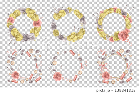 Buttons, yarn ball with knitting needles, thread spool and sewing pins circle frame set. Needlework, handicrafts hobby wreath, round label template Watercolor hand drawn illustration isolated on white Buttons, yarn ball with knitting needles, thread spool and sewing pins circle frame set. Needlework, handicrafts hobby wreath, round label template Watercolor hand drawn illustration isolated on white 139841818