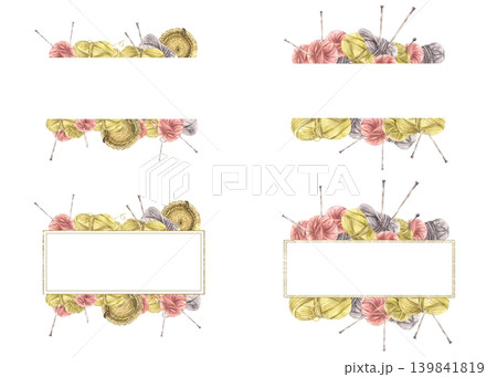 Handicraft rectangular frame set. Pink, beige and gray yarn balls, knitting needles and crochet elements. Hand drawn watercolor isolated on white illustration for labels, packaging, handmade products. Handicraft rectangular frame set. Pink, beige and gray yarn balls, knitting needles and crochet elements. Hand drawn watercolor isolated on white illustration for labels, packaging, handmade products. 139841819
