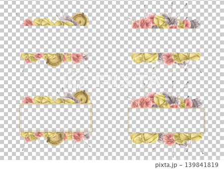 Handicraft rectangular frame set. Pink, beige and gray yarn balls, knitting needles and crochet elements. Hand drawn watercolor isolated on white illustration for labels, packaging, handmade products. Handicraft rectangular frame set. Pink, beige and gray yarn balls, knitting needles and crochet elements. Hand drawn watercolor isolated on white illustration for labels, packaging, handmade products. 139841819