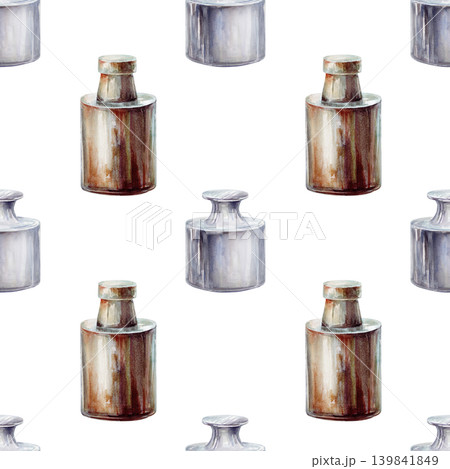 Vintage apothecary weights seamless pattern watercolor illustration. Vintage laboratory scales design for traditional pharmacy branding, antique alchemy potion packaging, rustic wellness print Vintage apothecary weights seamless pattern watercolor illustration. Vintage laboratory scales design for traditional pharmacy branding, antique alchemy potion packaging, rustic wellness print 139841849