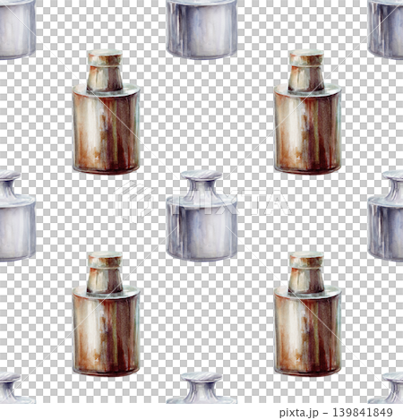 Vintage apothecary weights seamless pattern watercolor illustration. Vintage laboratory scales design for traditional pharmacy branding, antique alchemy potion packaging, rustic wellness print 139841849
