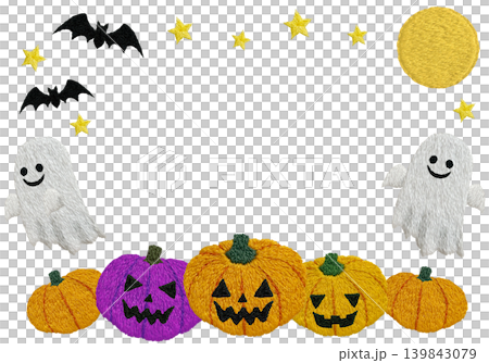 [Ghost Pumpkin, Bat, and Moon Horizontal Frame] Hand Embroidery Illustration Material 139843079