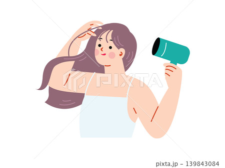 ドライヤーで髪を乾かす女性のイラスト ドライヤーで髪を乾かす女性のイラスト 139843084